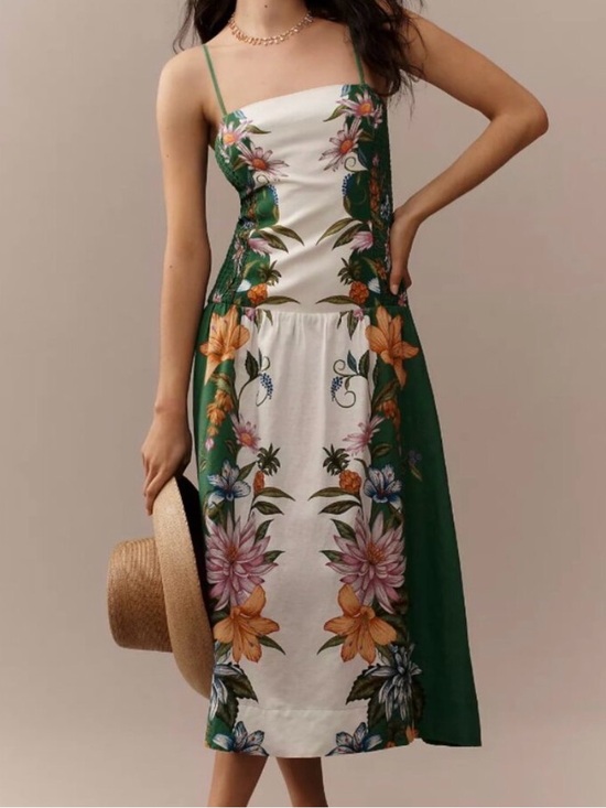 FARM Rio Dresses & Skirts - FARM Rio Green & White Floral Midi Dress with Spaghetti Straps